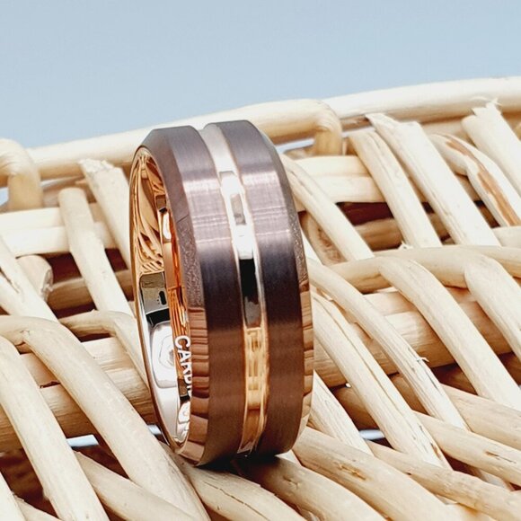 Brown and Rose Gold Tungsten Men's Wedding Ring, GALTUN600 - Picture 2 of 10